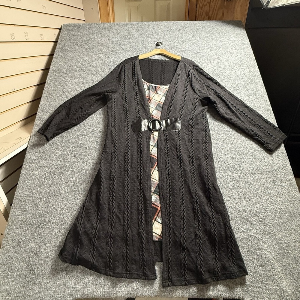 Plus Size 3X 4X Plaid Dress Cable Knit Cardigan Overlay Belted Long Sleeve - Picture 1 of 13